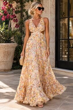 MAC DUGGAL Yellow Floral Chiffon Lace Up Tie Up Back Gown Dress size 10